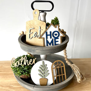 Tiered tray mini sign set with natural wood and plant motif